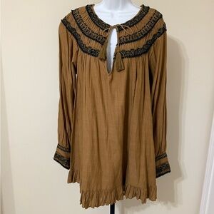Free People Anthropologie Erin Embroidered LS Bronze Keyhole Mini Dress Sz. M